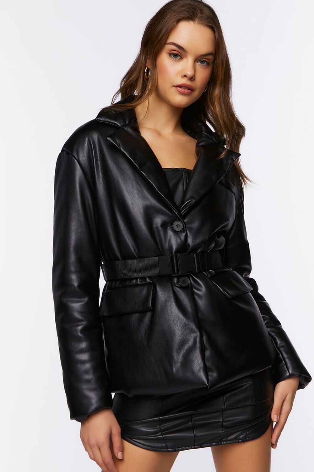 BLACK Faux Leather Belted Jacket, image 1