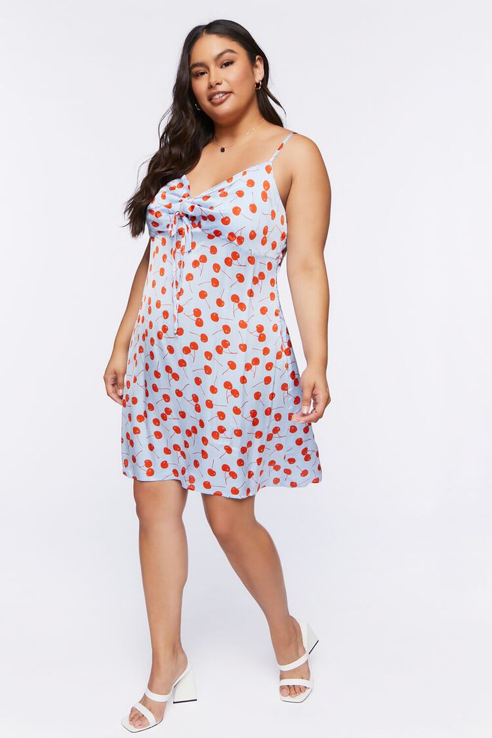 BLUE/MULTI Plus Size Cherry Print Mini Cami Dress, image 1