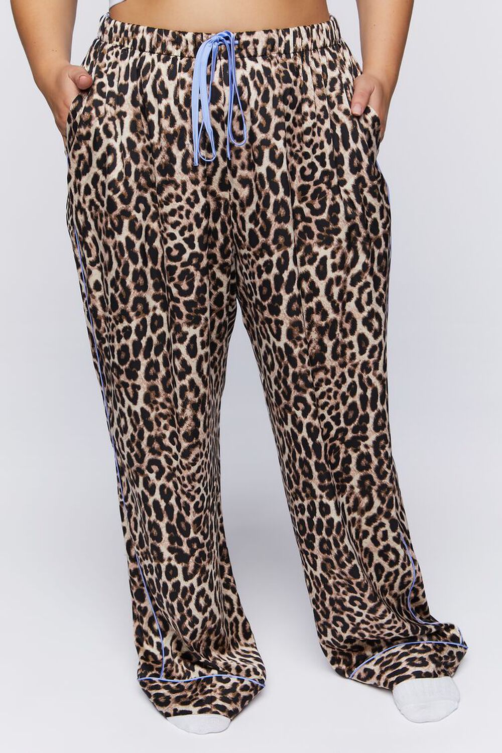TAN/MULTI Plus Size Satin Leopard Pajama Pants, image 2