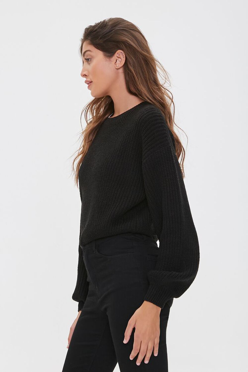 BLACK Ribbed Drop-Sleeve Sweater, image 2