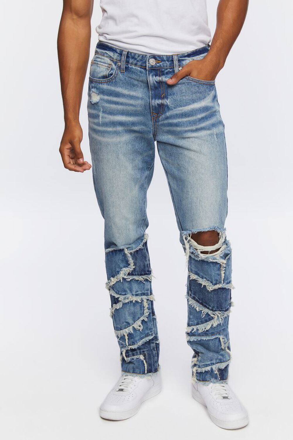 MEDIUM DENIM Frayed Patchwork Slim-Fit Jeans, image 2