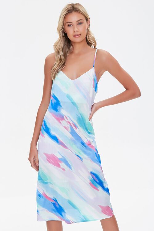 BLUE/MULTI Satin Abstract Wash Slip Dress, image 1