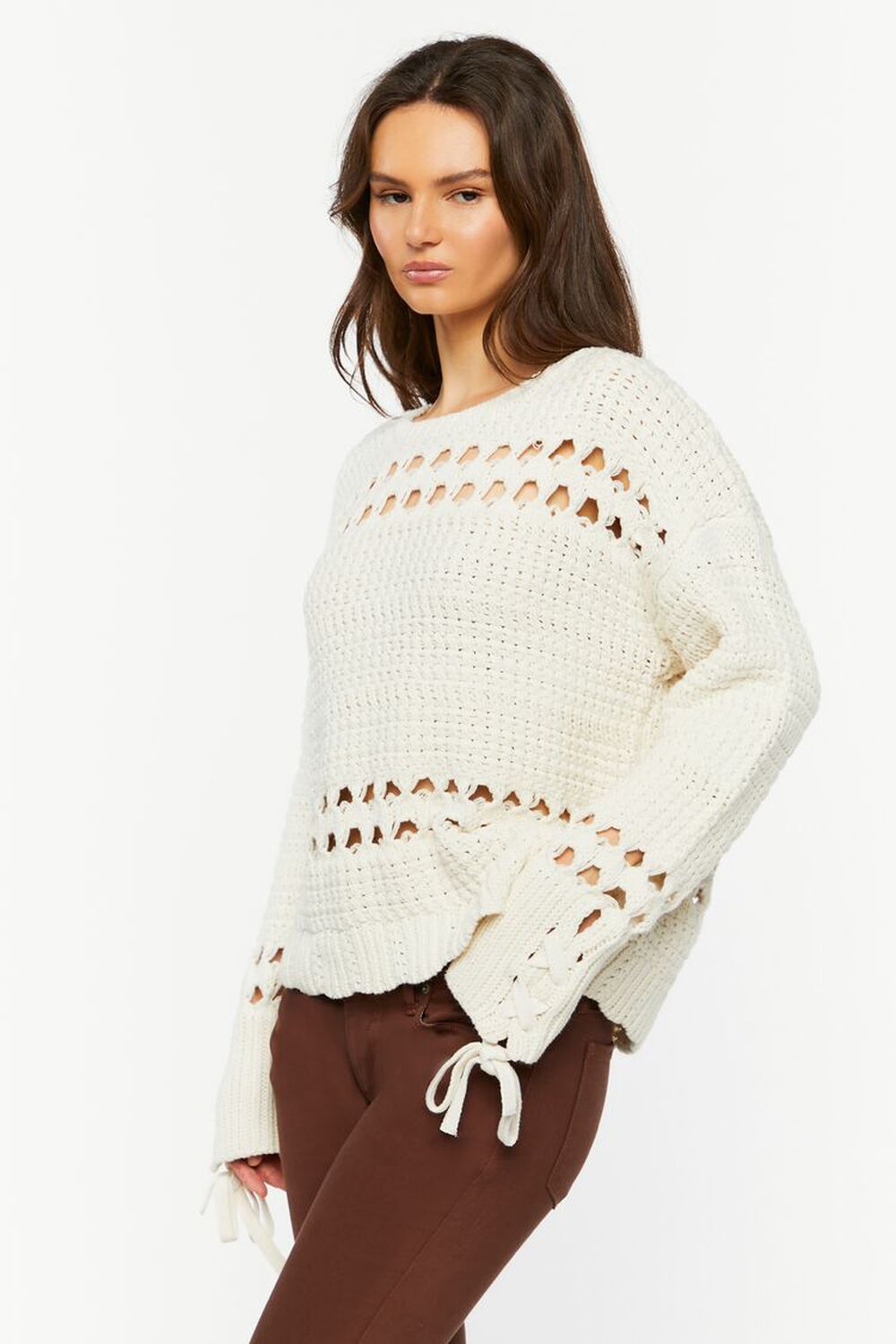 CREAM Pointelle Lace-Up Cutout Sweater, image 2