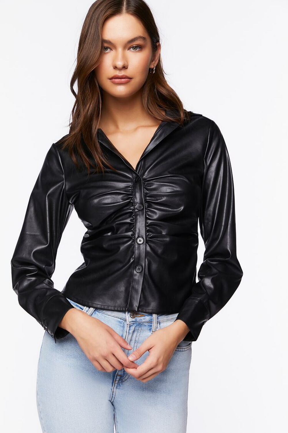 BLACK Faux Leather Ruched Shirt, image 1