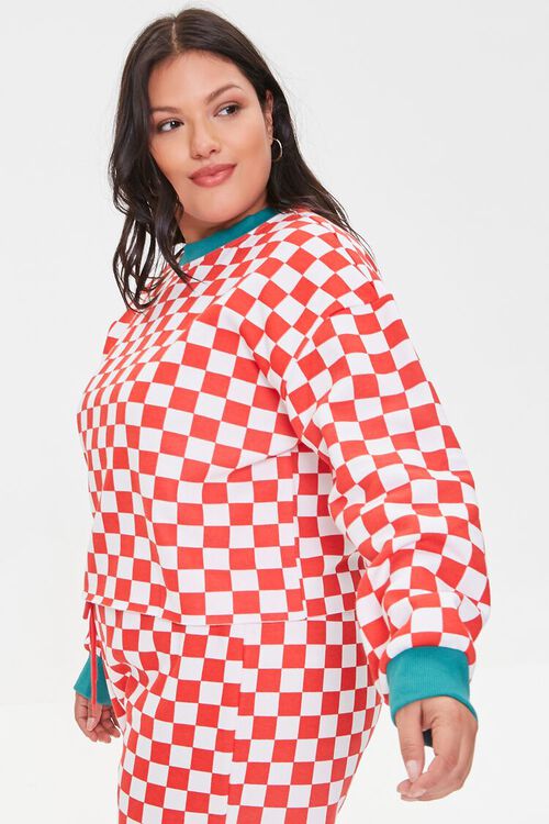 RED/WHITE Plus Size Checkered Cropped Pullover, image 2