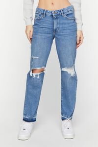 LIGHT DENIM Recycled Cotton Distressed Straight-Leg Jeans, image 1
