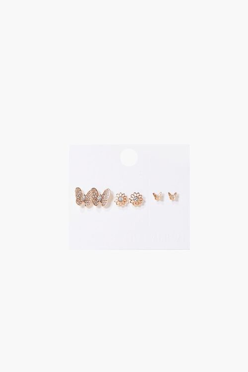 GOLD/CLEAR Butterfly & Flower Stud Earring Set, image 1