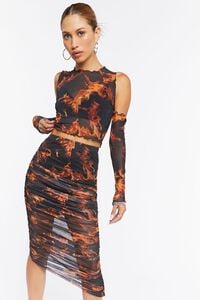 BLACK/ORANGE Flame Print Mesh Midi Skirt, image 7
