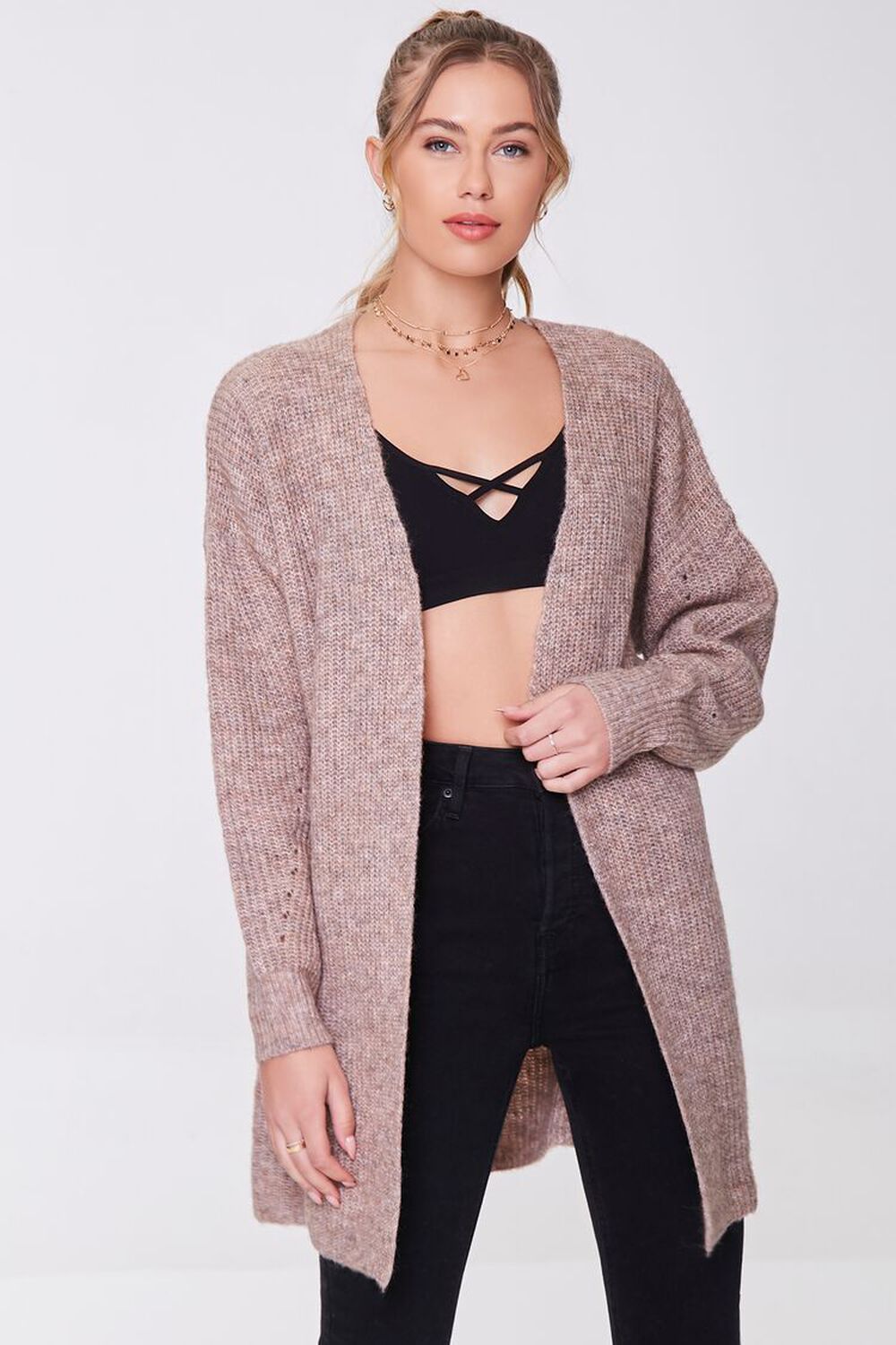DARK BROWN Marled Open-Front Cardigan Sweater, image 1