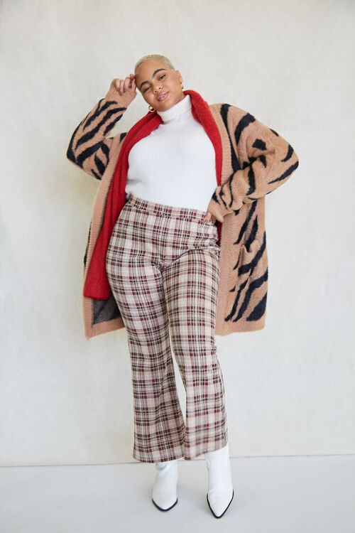 CAMEL/BLACK Plus Size Tiger Striped Cardigan Sweater, image 1