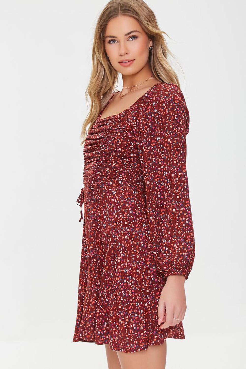 BURGUNDY/MULTI Ditsy Floral Ruched Mini Dress, image 2