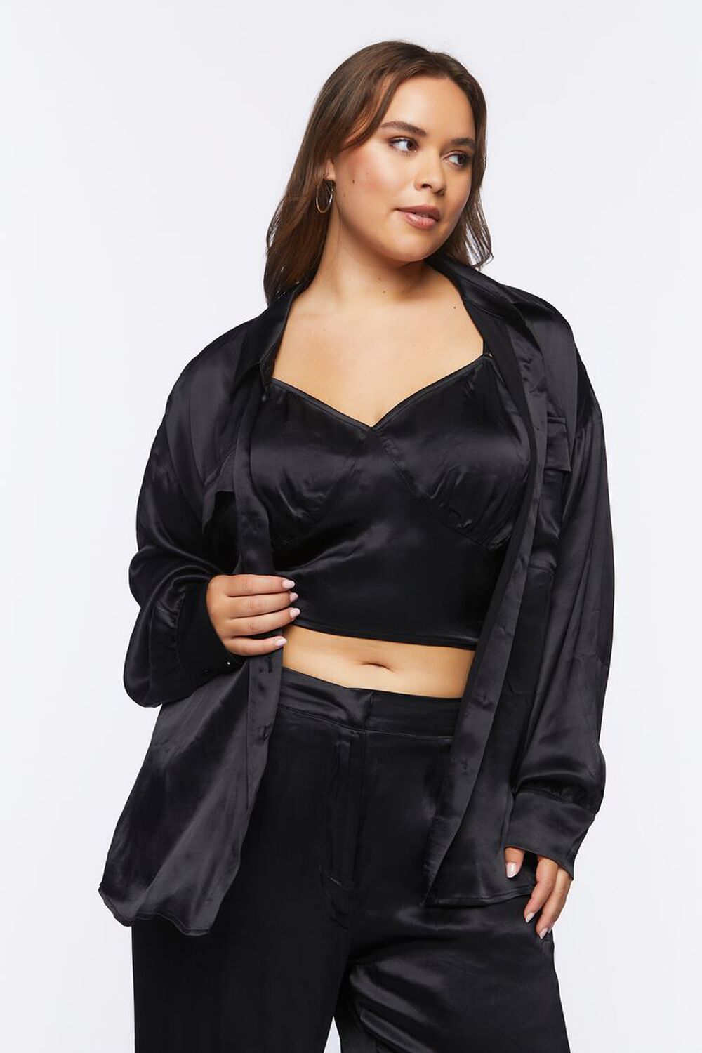 BLACK Plus Size Satin Cropped Cami & Shirt Set, image 1