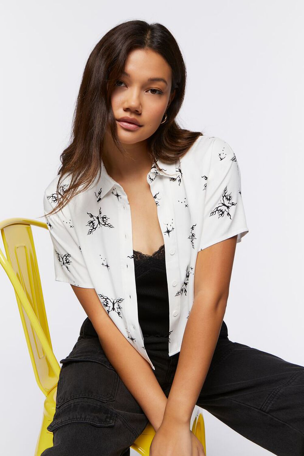 WHITE/BLACK Butterfly Print Cropped Shirt, image 1