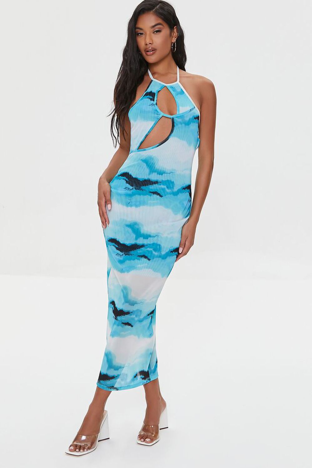 BLUE/MULTI Mesh Abstract Print Midi Dress, image 1
