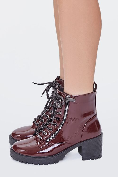 BURGUNDY Faux Patent Leather Lug-Sole Booties, image 2