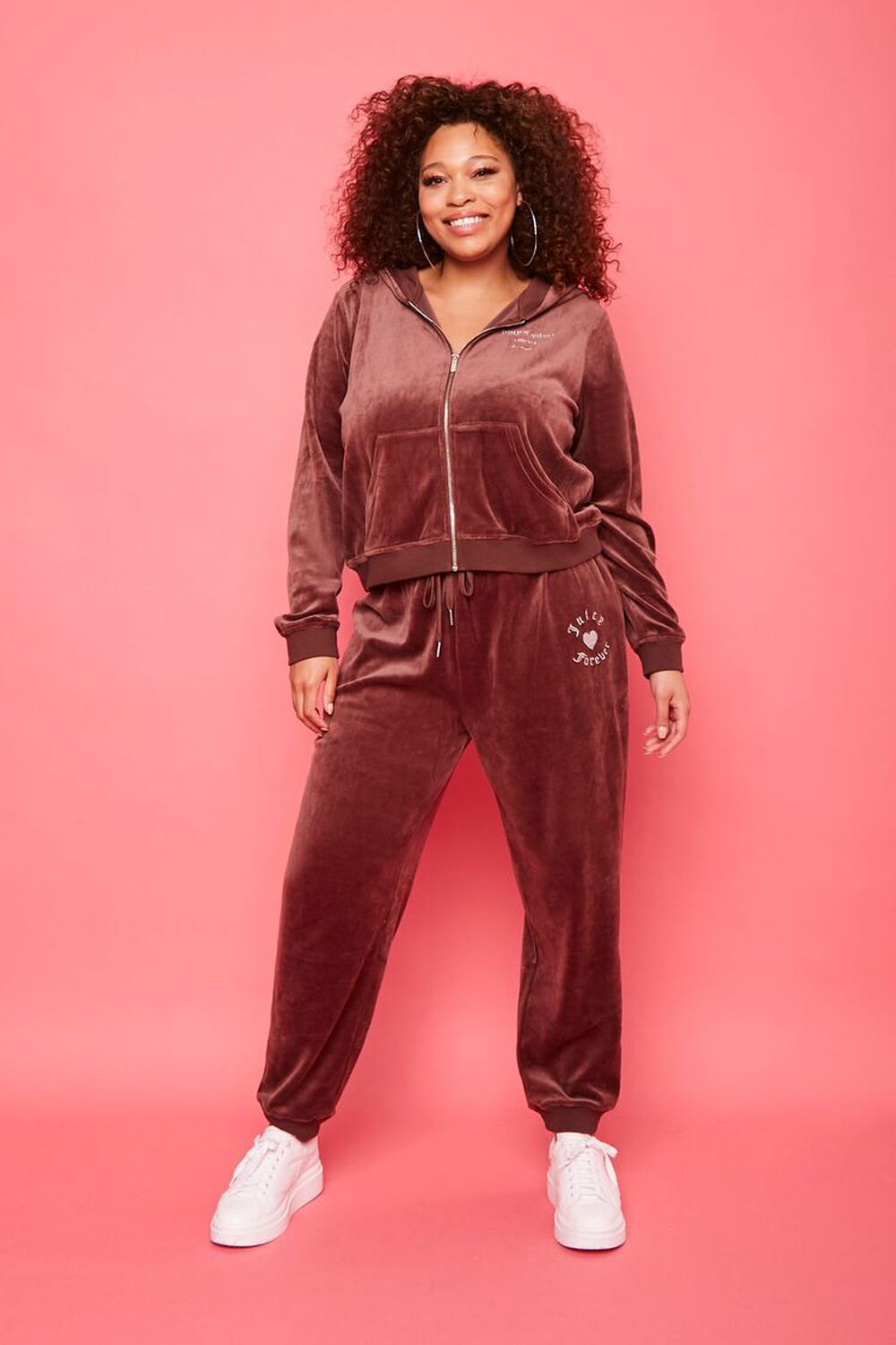 BROWN/SILVER Plus Size Rhinestone Juicy Couture Velour Joggers, image 1