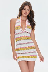 VANILLA/MULTI Striped Crochet Halter Dress, image 1