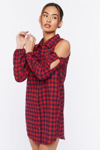 RED/MULTI Open-Shoulder Plaid Flannel Dress, image 2