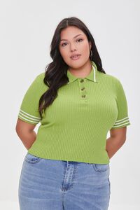 GREEN/CREAM Plus Size Sweater-Knit Polo Shirt, image 5