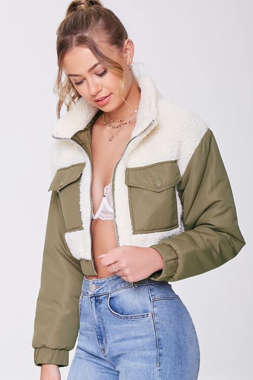 CREAM/OLIVE Colorblock Faux Shearling Jacket, image 6