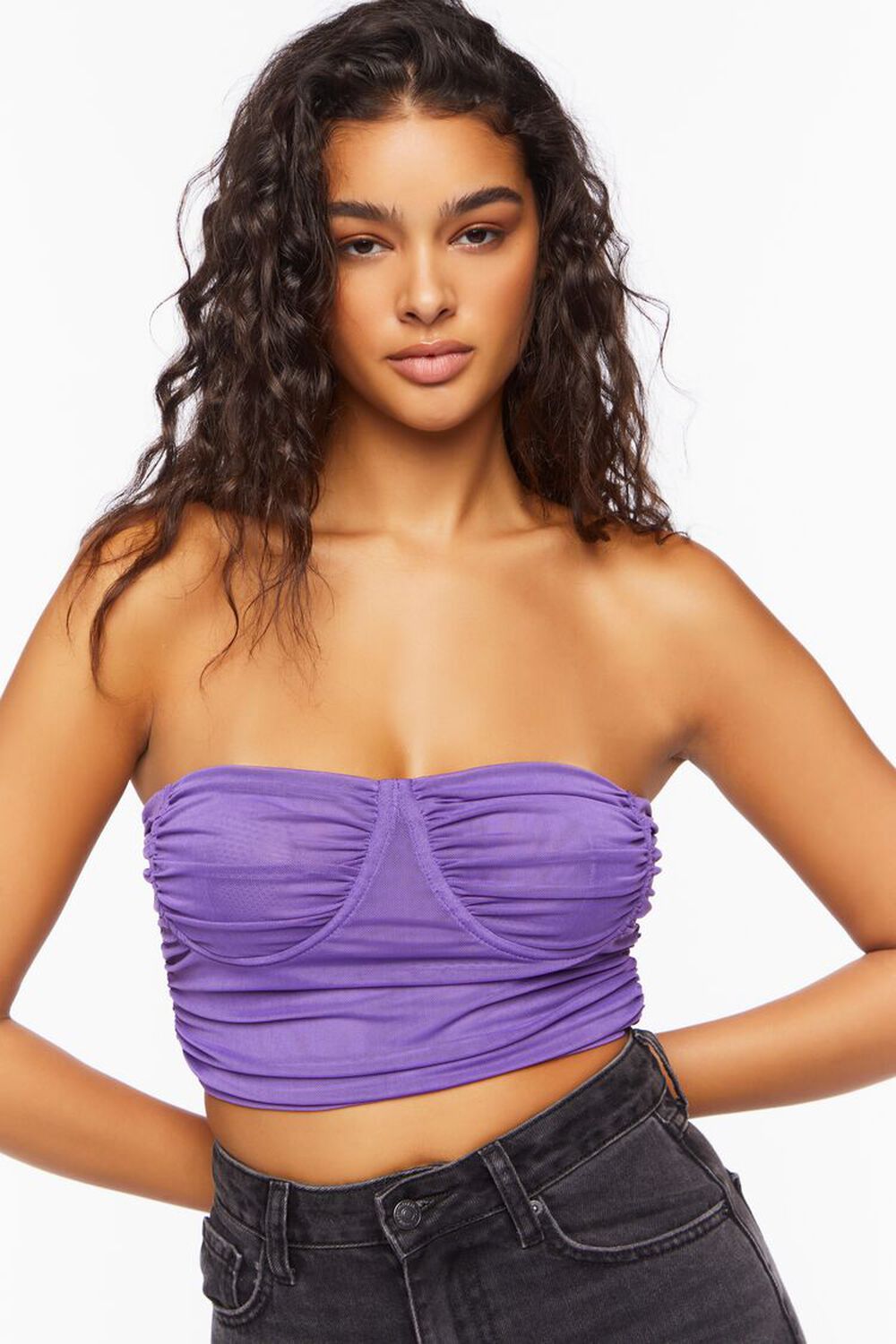 PURPLE Ruched Mesh Cropped Tube Top, image 1