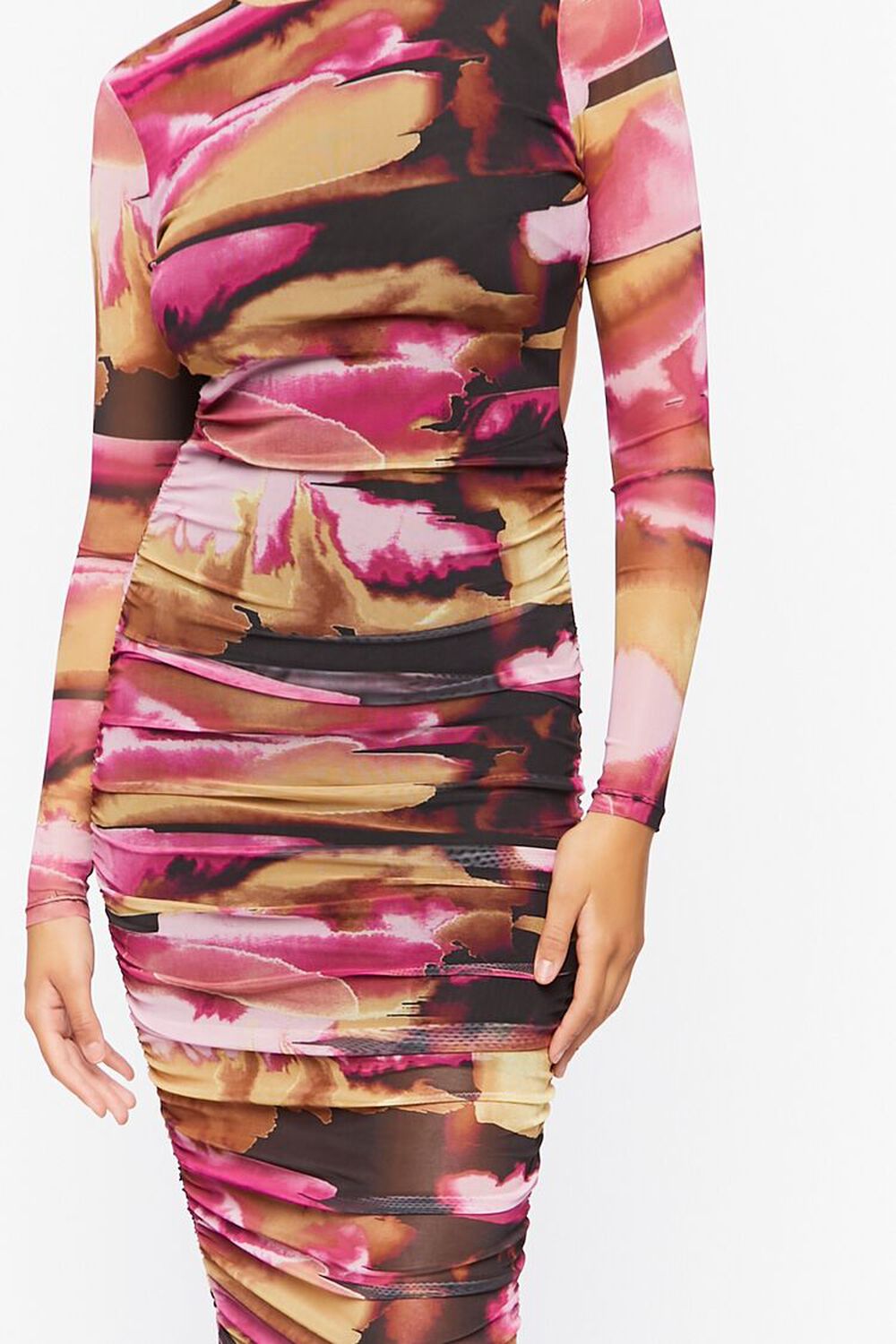 Abstract Printed Ruched Mesh Midi Dress (WDR655A)