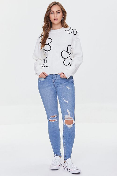 CREAM/BLACK Embroidered Floral Print Sweater, image 4