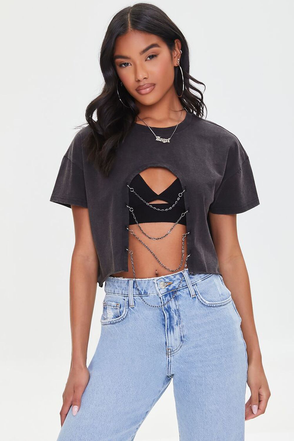 BLACK Cutout Chain Cropped Tee, image 1