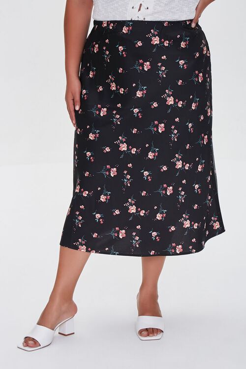 BLACK/MULTI Plus Size Floral Print Skirt, image 2
