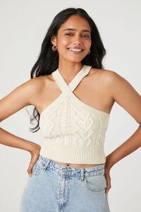 OATMEAL Cable Knit Halter Crop Top, image 1