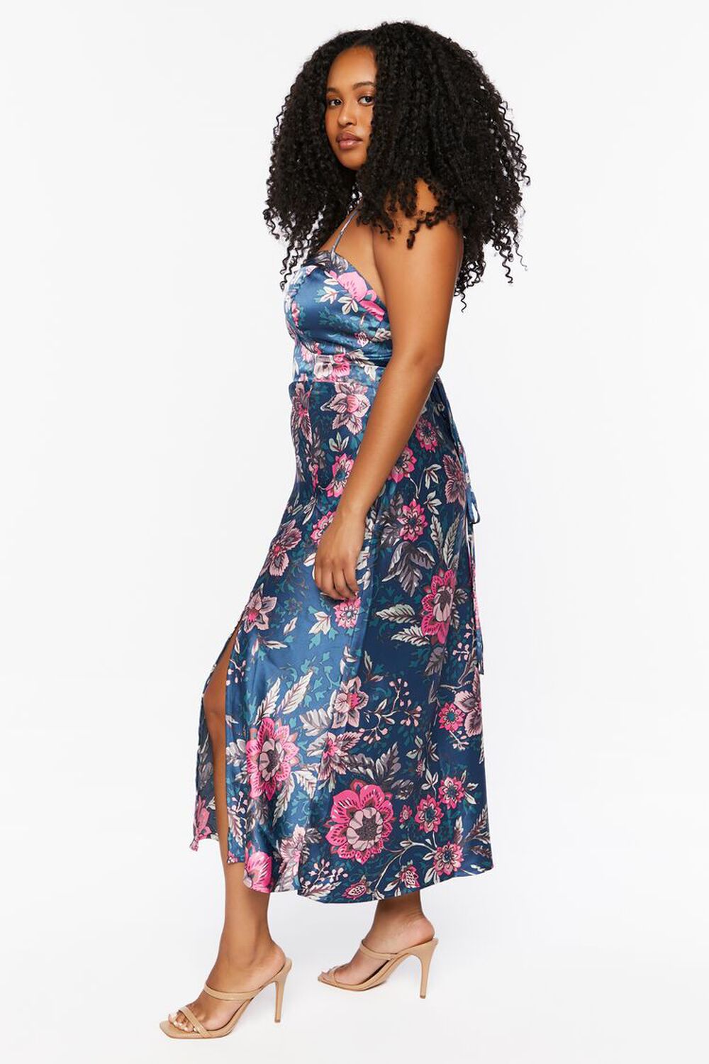 NAVY/MULTI Plus Size Satin Bustier Floral Midi Dress, image 2