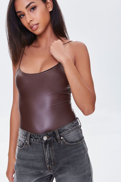 BROWN Faux Leather Cami Bodysuit, image 1