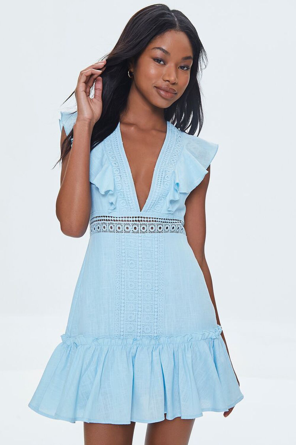 POWDER BLUE Ruffled Lace-Trim Cap-Sleeve Dress, image 1