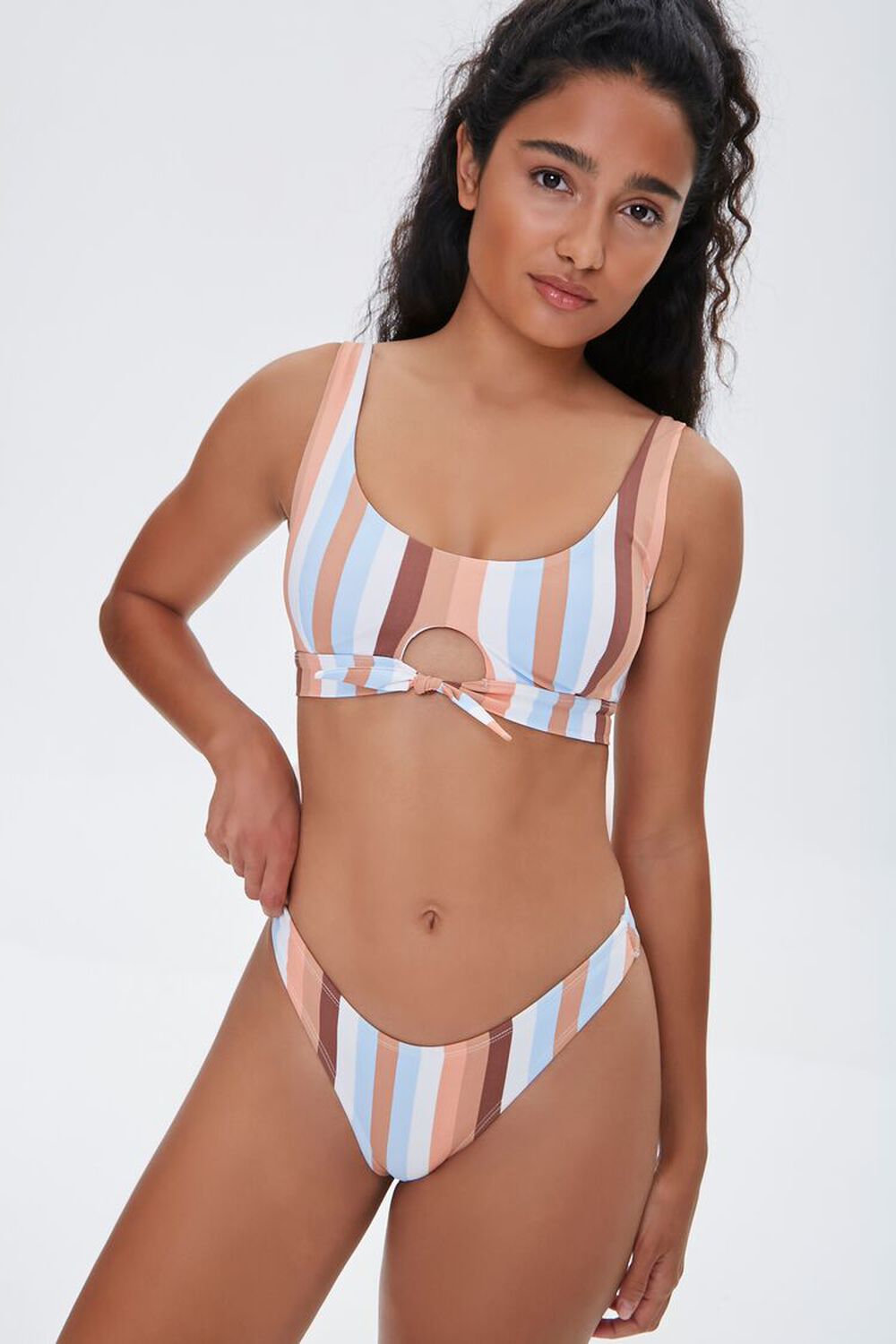 BLUE/RUST Striped High-Leg Bikini Bottoms, image 1