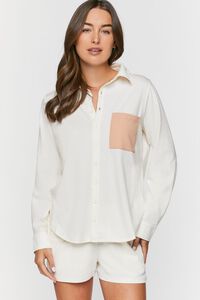 TAN/WHITE Colorblock Button-Front Pajama Shorts, image 1