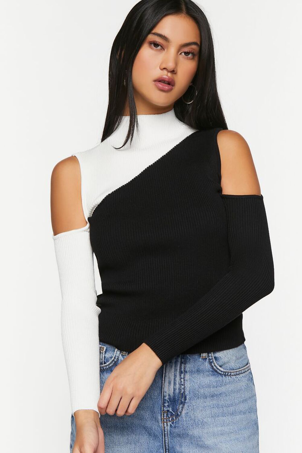 BLACK/VANILLA Open-Shoulder Colorblock Sweater, image 2
