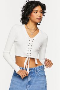 VANILLA Lace-Up Long-Sleeve Sweater-Knit Crop Top, image 1