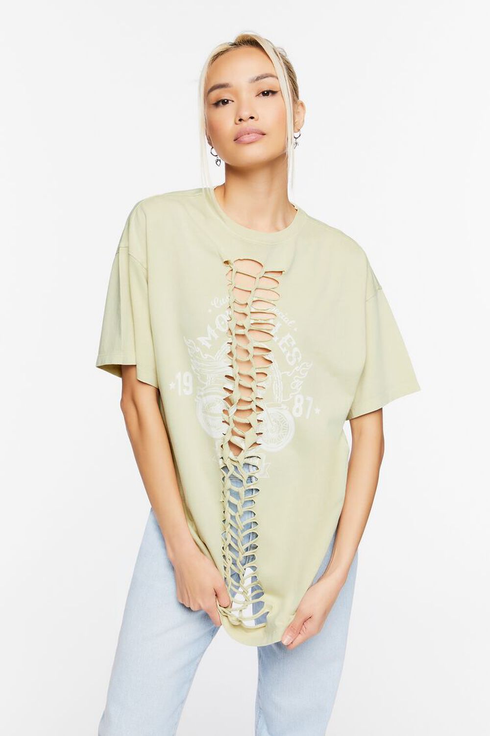 BEIGE/WHITE Knotted Motorcyle Graphic Tunic, image 1