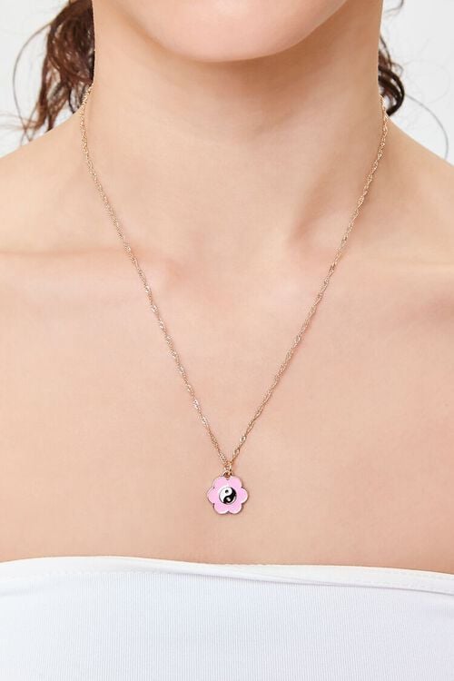 GOLD/PINK Yin Yang Flower Charm Necklace, image 1