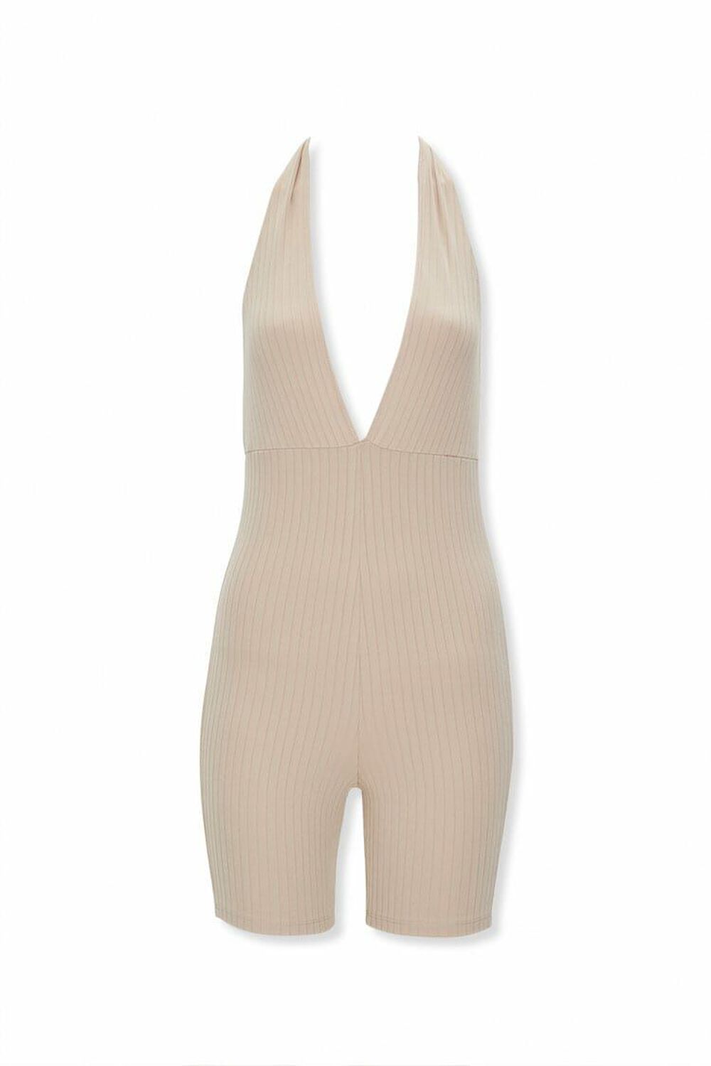 TAUPE Ribbed Plunging Romper, image 1