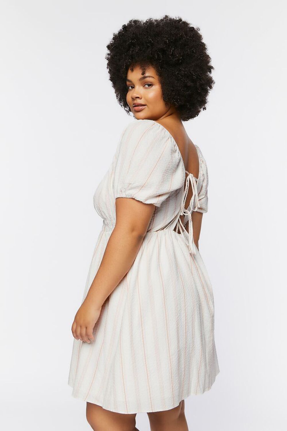 CREAM/MAUVE Plus Size Striped Puff-Sleeve Mini Dress, image 2