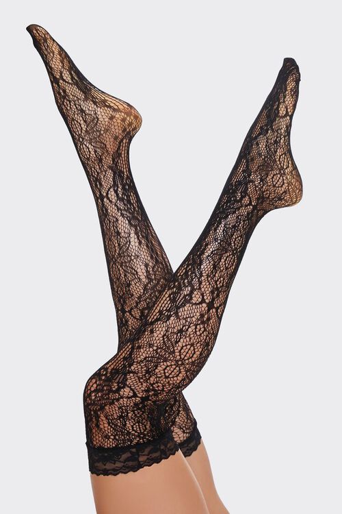 BLACK Floral Lace Thigh-High Socks, image 1