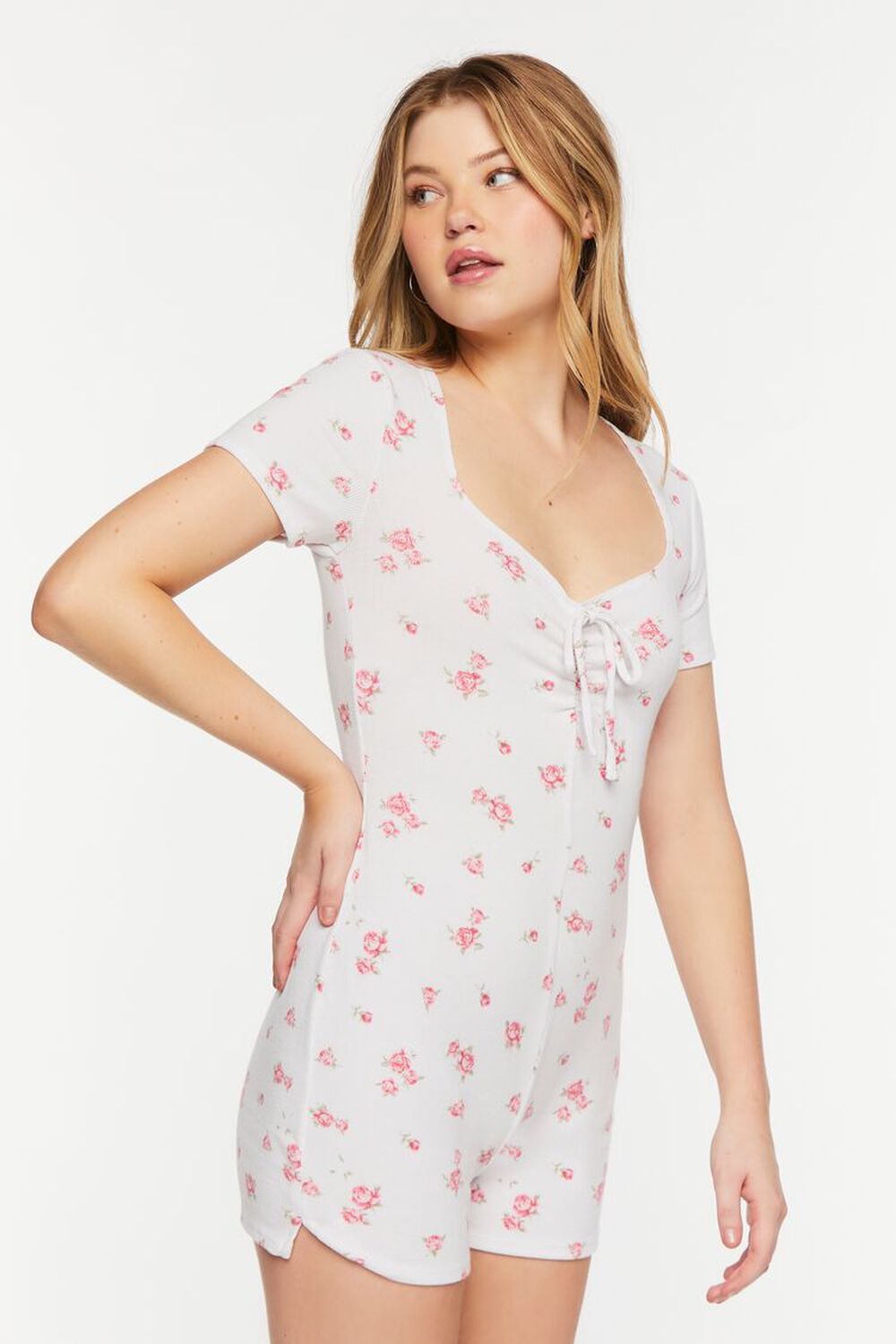 WHITE/PINK Rose Print Ruched Lounge Romper, image 3