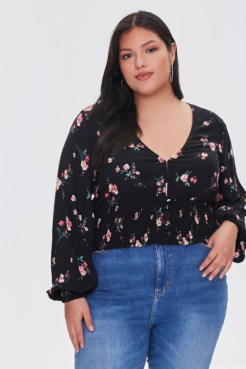 BLACK/MULTI Plus Size Smocked Floral Button-Front Top, image 1