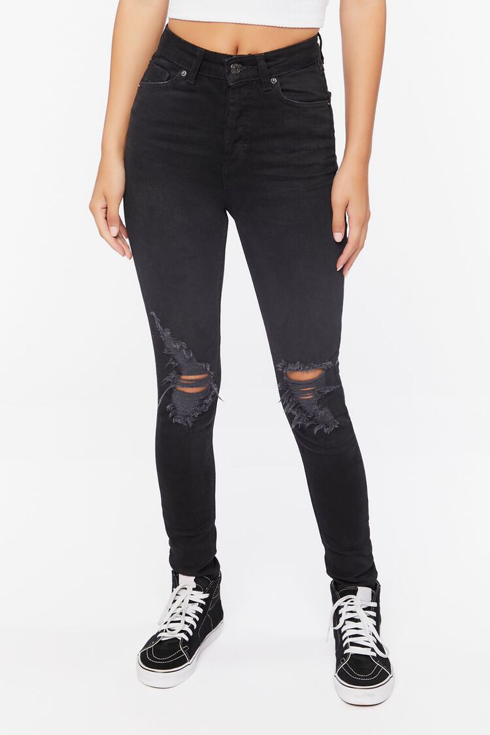 WASHED BLACK Recycled Cotton High-Rise Distressed Jeans, image 1