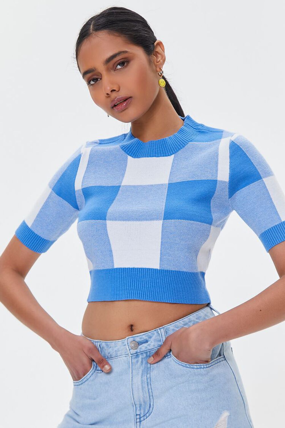 BLUE/CREAM Cropped Plaid Sweater, image 1