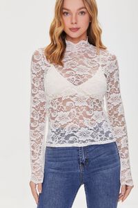 CREAM Sheer Lace Mock Neck Top, image 1