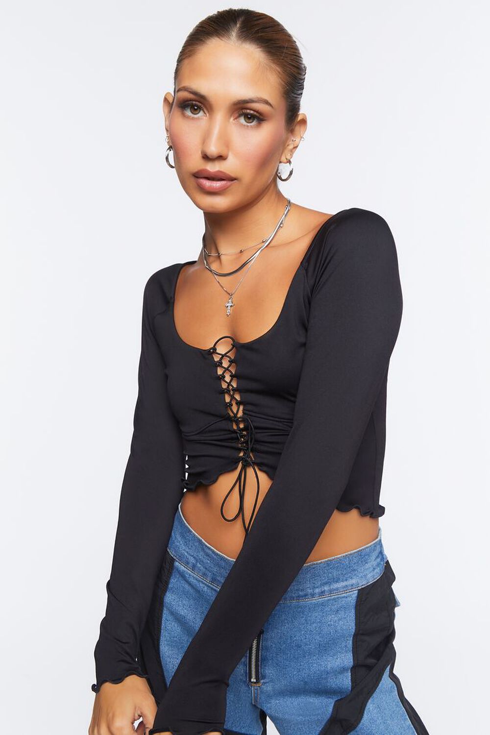 BLACK Lace-Up Sweater-Knit Crop Top, image 1