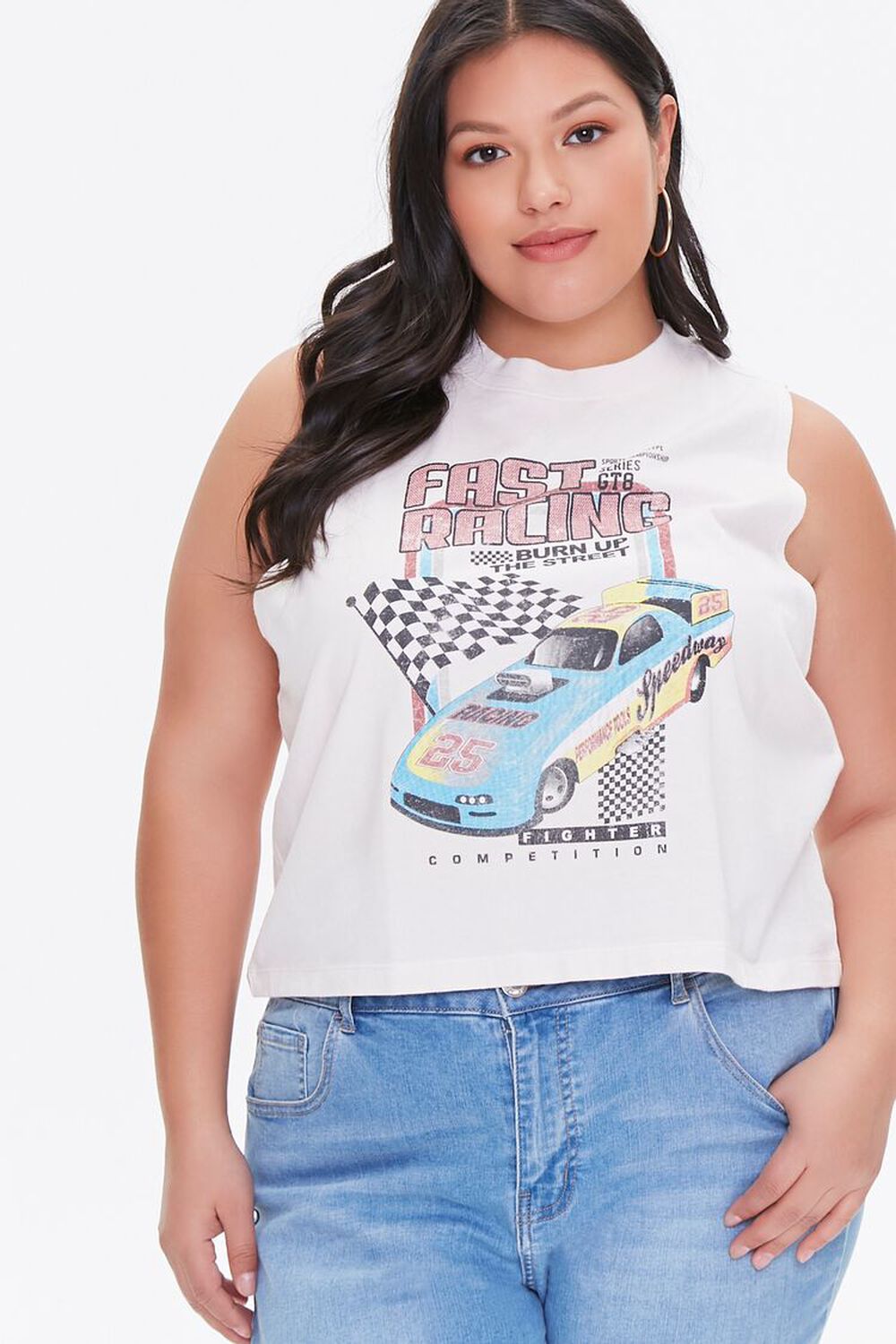 WHITE/MULTI Plus Size Racing Graphic Muscle Tee, image 1
