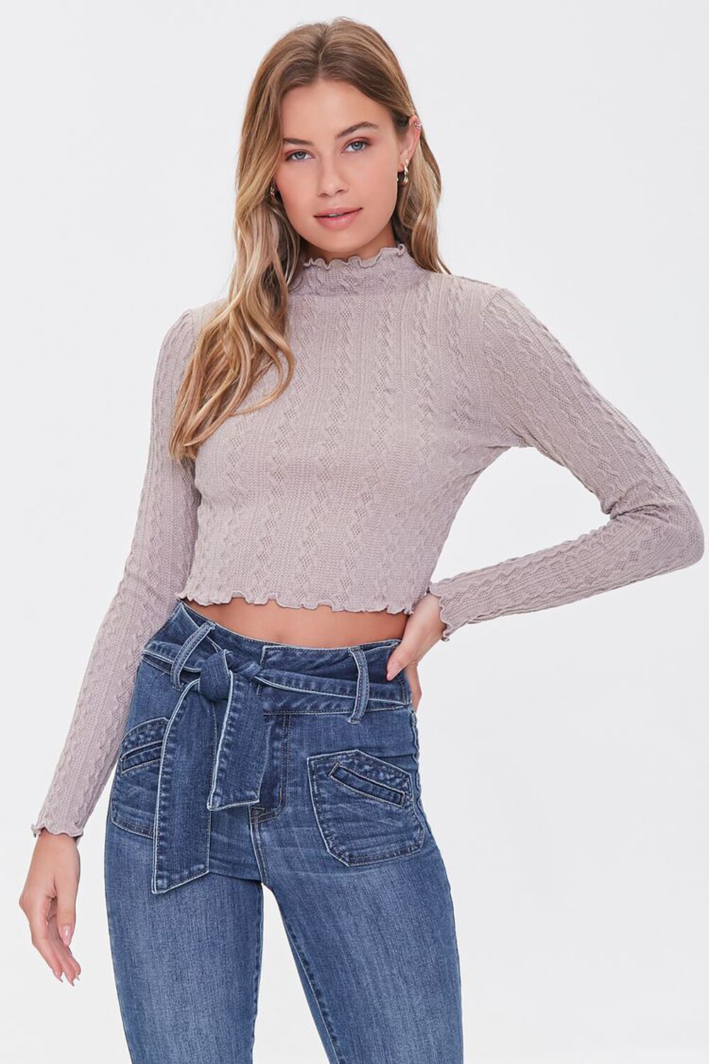 TAUPE Cable Knit Mock Neck Crop Top, image 1